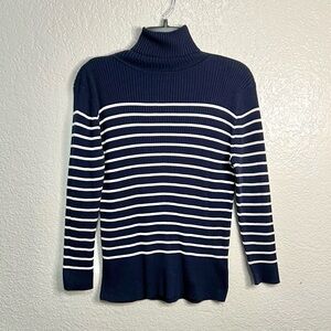 LAUREN Ralph Lauren Navy Blue White Striped Turtleneck Sweater Knit Casual Top L